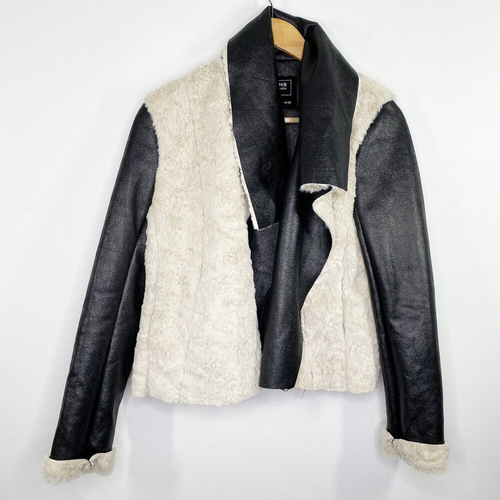 FC Jeans Women Faux Fur Lined Moto Jacket Black Cream Sz‎ 6 Sherpa Vegan Leather
